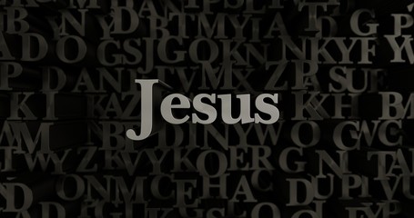Jesus - 3D rendered metallic typeset headline illustration.  Can be used for an online banner ad or a print postcard.