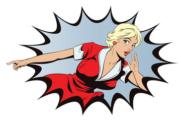 Presentation template. Surprised young woman is pointing finger.