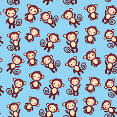 seamless pattern with funny brown monkey boys and girls on blue background. Vector
