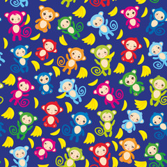 seamless pattern with funny green blue pink orange monkey, yellow bananas, boys and girls on blue background. Vector
