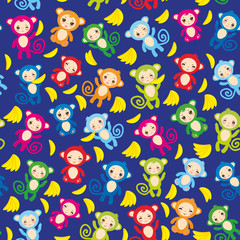 Fototapeta premium seamless pattern with funny green blue pink orange monkey, yellow bananas, boys and girls on blue background. Vector