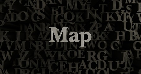 Map - 3D rendered metallic typeset headline illustration.  Can be used for an online banner ad or a print postcard.