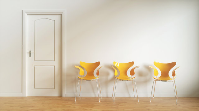 White Door on White Wall, 3 chairs, Wood Floor - 3D Rendering