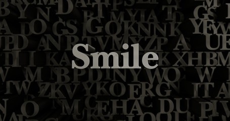 Smile - 3D rendered metallic typeset headline illustration.  Can be used for an online banner ad or a print postcard.