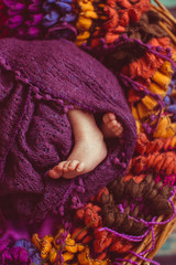 Violet woolen scarf hides tiny kid sleeping on colorful pillow