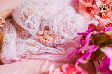 Baby-girl enveloped in white wooled shawl lies between the flowe