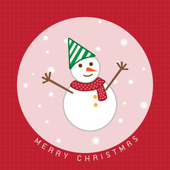 Christmas Snowman wearing green hat and red scarf within Merry Christmas badge with grid color and snow background.