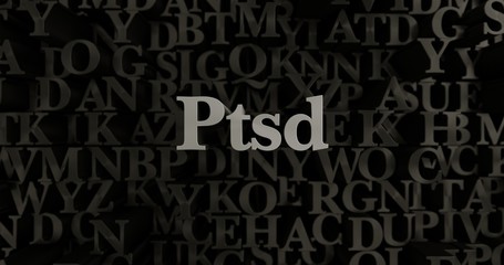 Ptsd - 3D rendered metallic typeset headline illustration.  Can be used for an online banner ad or a print postcard.
