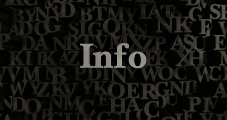 Info - 3D rendered metallic typeset headline illustration.  Can be used for an online banner ad or a print postcard.