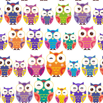 Seamless pattern - bright colorful owls on white background. Vector