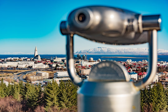 binoculars with panoraamic view in Reykjavik at wintertime, Iceland