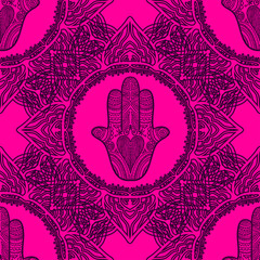 Seamless pattern with indian hand drawn hamsa and mandala.