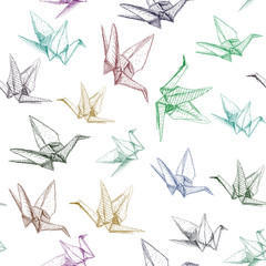 Fototapety  Japońskie papierowe żurawie origami symbol szczęścia, szczęścia i długowieczności, szkic wzór. fioletowy niebieski brązowy zielona linia na białym tle. Wektor