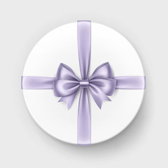 Vector White Round Gift Box with Shiny Light Violet Lilac Satin Bow and Ribbon Top View Close up Isolated on Background