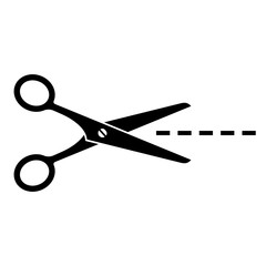 Vector. Scissors with cut lines isolated on white background. Symbol / document / icon.