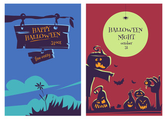 Happy Halloween party poster card. Vector illustration flyer of happy Halloween party with cartoon pumpkins silhouette and moon in retro stile