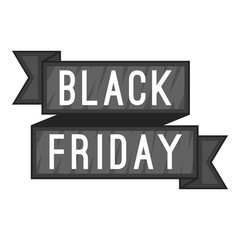 Label ribbon black friday icon. Gray monochrome illustration of label ribbon black friday vector icon for web