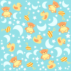 Background with baby toys. Pattern baby items