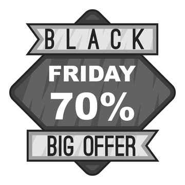 Label black friday seventy percent big offer icon. Gray monochrome illustration of label black friday seventy percent big offer vector icon for web
