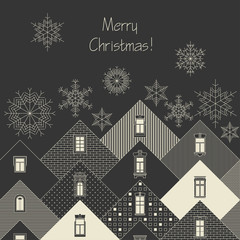Vintage vector christmas card. Stylized linear triangular facades with different shadings and old windows on a black background with snowflakes.