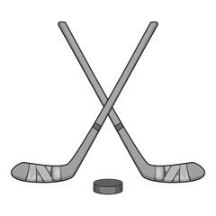 Hockey sticks and puck icon. Gray monochrome illustration of hockey sticks and puck vector icon for web