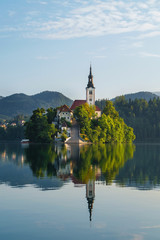 Bled island closeup and pletna on Lake Bled in Slovenia