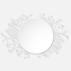 Hand drawn floral ornament with round button in the center for text, on white background. Vector illustration