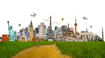 Famous monuments of the world surrounding green grass