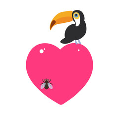 Fototapeta premium Cute Cartoon toucan bird and the fly Card design with a funny animal with pink heart on a white background. Vector