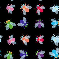 Obraz na płótnie Canvas Seamless pattern Funny fly colorful red green blue violet pink with transparent wings on black background. Vector