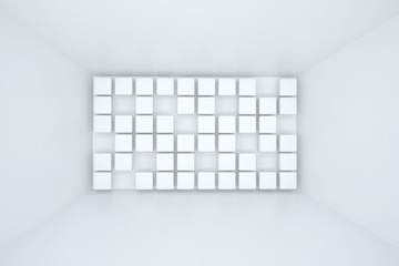 3d illustration. White interior of not existing building with square extruded wall elements in perspective. Symmetry view. Render. Place for text.