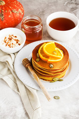 Stack of spiced pumpkin pancakes