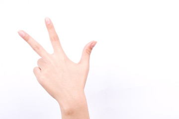 Obraz na płótnie Canvas finger hand girl symbols isolated concept three fingers salute congratulation on white background 