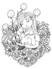Vector illustration zentangl girl child and puppy in flowers. Doodle drawing. Meditative exercise. Coloring book anti stress for adults. Black white.