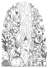 Vector illustration zentangl, a hedgehog in the forest and flowers. Doodle drawing. Meditative exercises. Coloring book anti stress for adults. Black white.