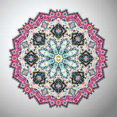 Ornamental round colorful geometric pattern in aztec style