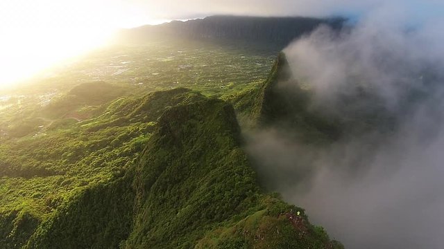 Hawaii sunset at Mount Olomana, aerial, Kailua, Hawaii.