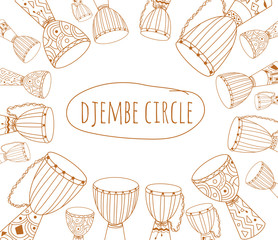 African drums ornament. Sketchy flyer design decorated with ethnic instruments doodles. For percussion school or jam. Text "djembe circle". Vector EPS10 illustration.