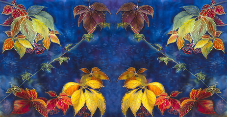 Collage - grape leaves. Wallpaper. The picture on the theme of autumn. Use for printing postcards, invitations, wrapping paper, wallpaper, fabrics, decorating various surfaces.