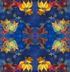 Collage - grape leaves. Wallpaper. The picture on the theme of autumn. Use for printing postcards, invitations, wrapping paper, wallpaper, fabrics, decorating various surfaces.