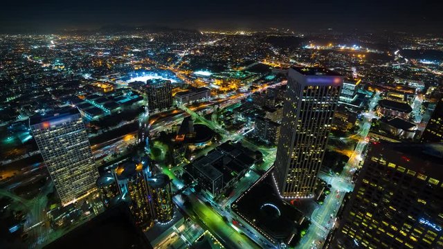 Downtown Los Angeles Aerial Rooftop Freeway Night Timelapse