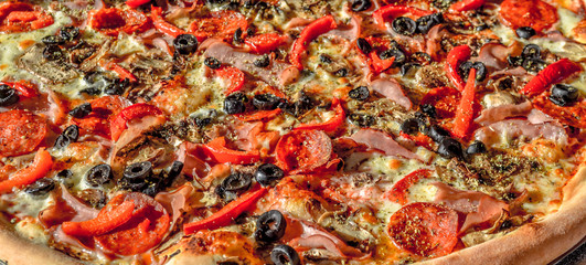 Obraz na płótnie Canvas Close up view of fresh and very tasty pizza