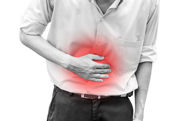 Man suffering from stomach ache because he has diarrhea on white background
