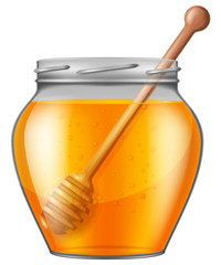 Jar of honey with wooden drizzler. Vector illustration.