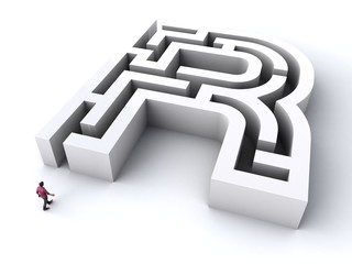 3D illustration of R-shaped maze with a man entering