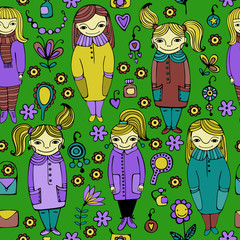 Fototapeta na wymiar Set of cute cartoon girls.Colorful vector seamless pattern.