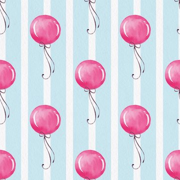 Seamless background with balloons. Hand drawn watercolor pattern on paper texture 1. 