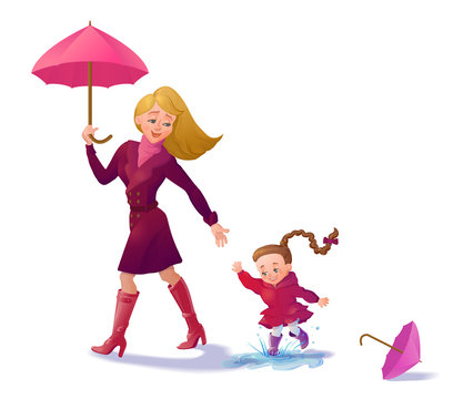 Smiling mother and daughter walking. Banner with cartoon characters in autumn outfit. Woman and girl with umbrella walking outdoors.Vector illustration