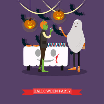 People in monster and ghost costumes at halloween party. Happy holiday concept posters. Vector illustration in flat style design