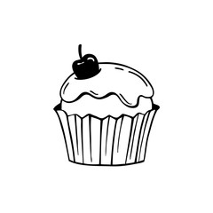 Cupcake with frosting and cherry. Black and white vector illustr